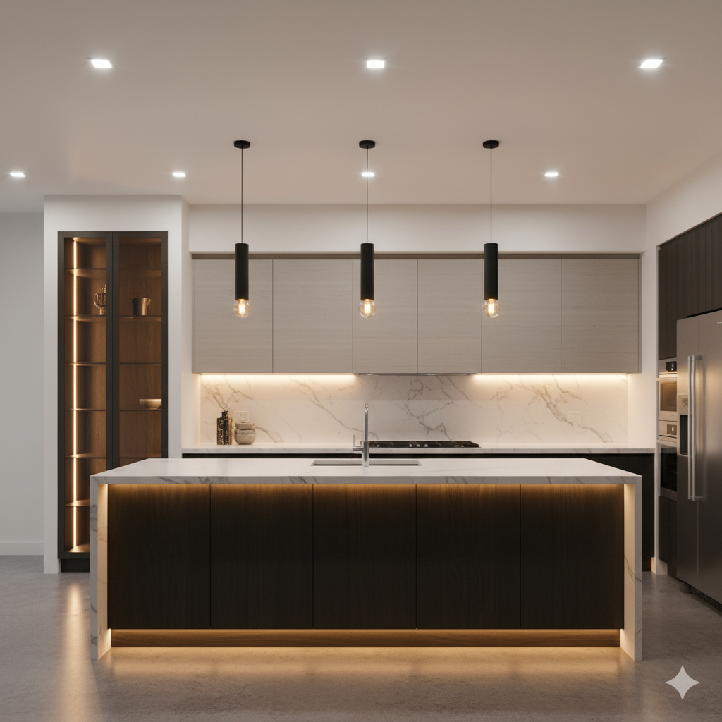 Luxury kitchen with LED strip lighting and pendant lights
