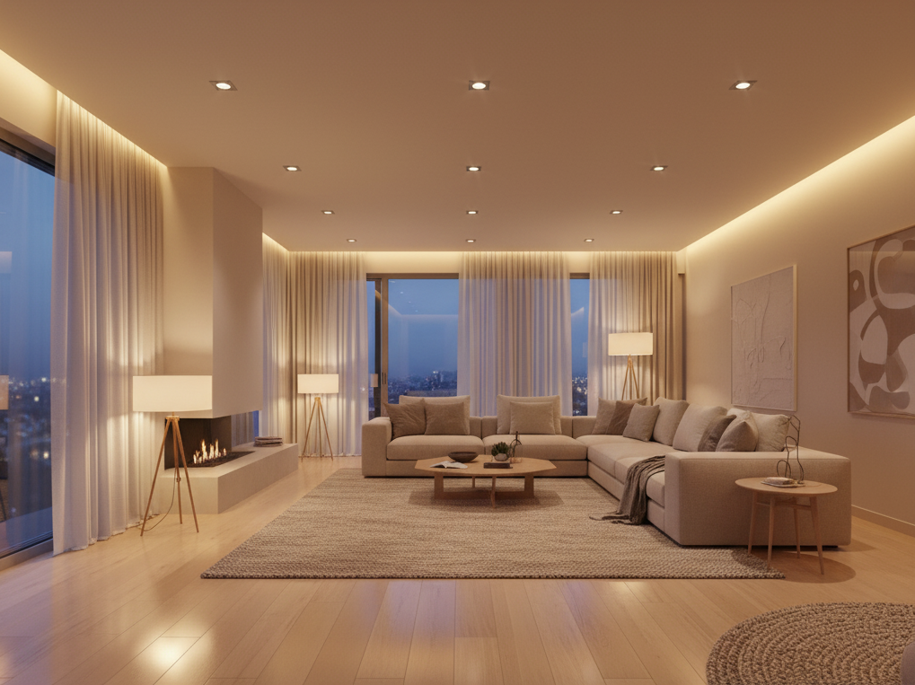 Luxury living room with modern LED lighting at dusk