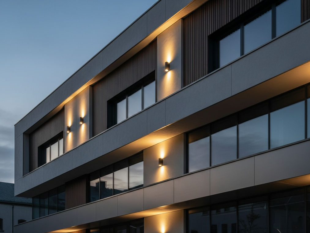 Modern building exterior with architectural LED lighting at dusk